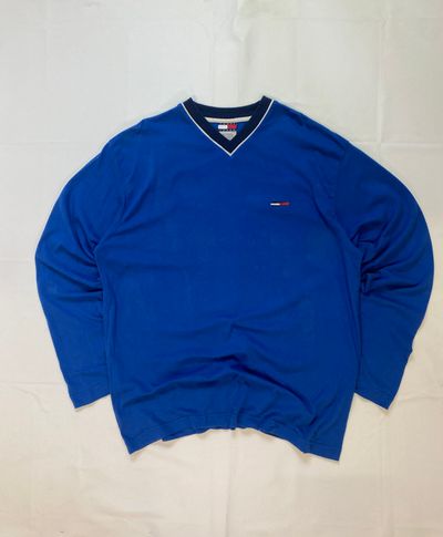 Vintage Tommy Jeans V-Neck Long Sleeve | Royal Blue Small Logo Sweatshirt