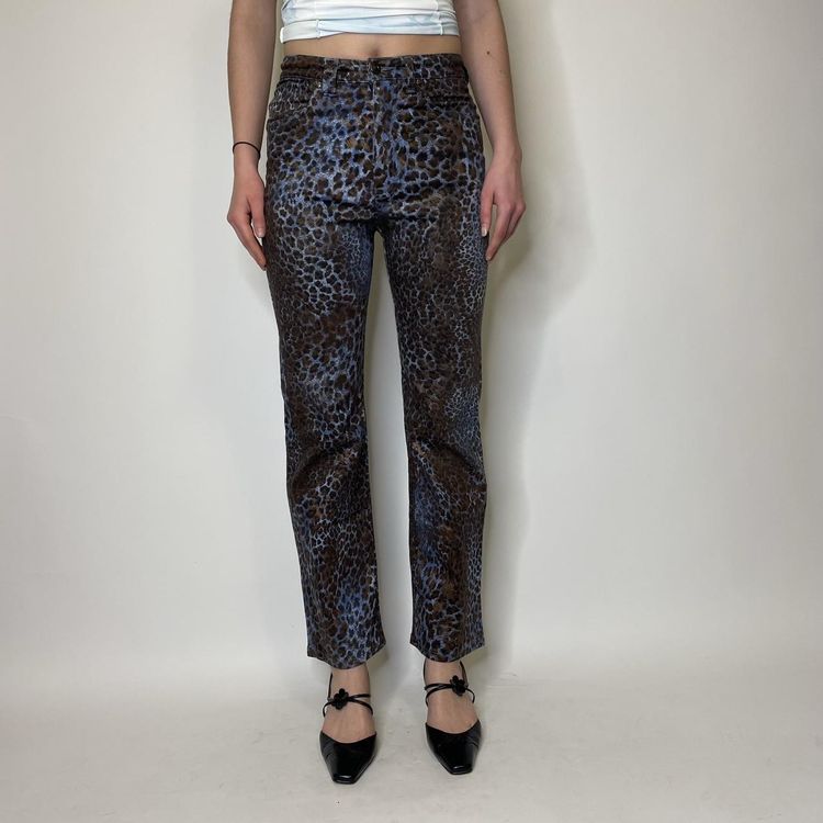 90s 00s blue and brown animal print strousers with bronze glitter threads 