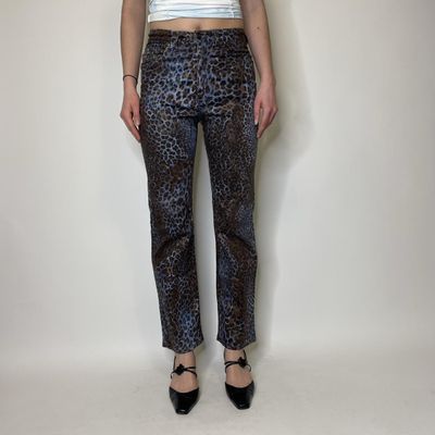 90s 00s blue and brown animal print strousers with bronze glitter threads