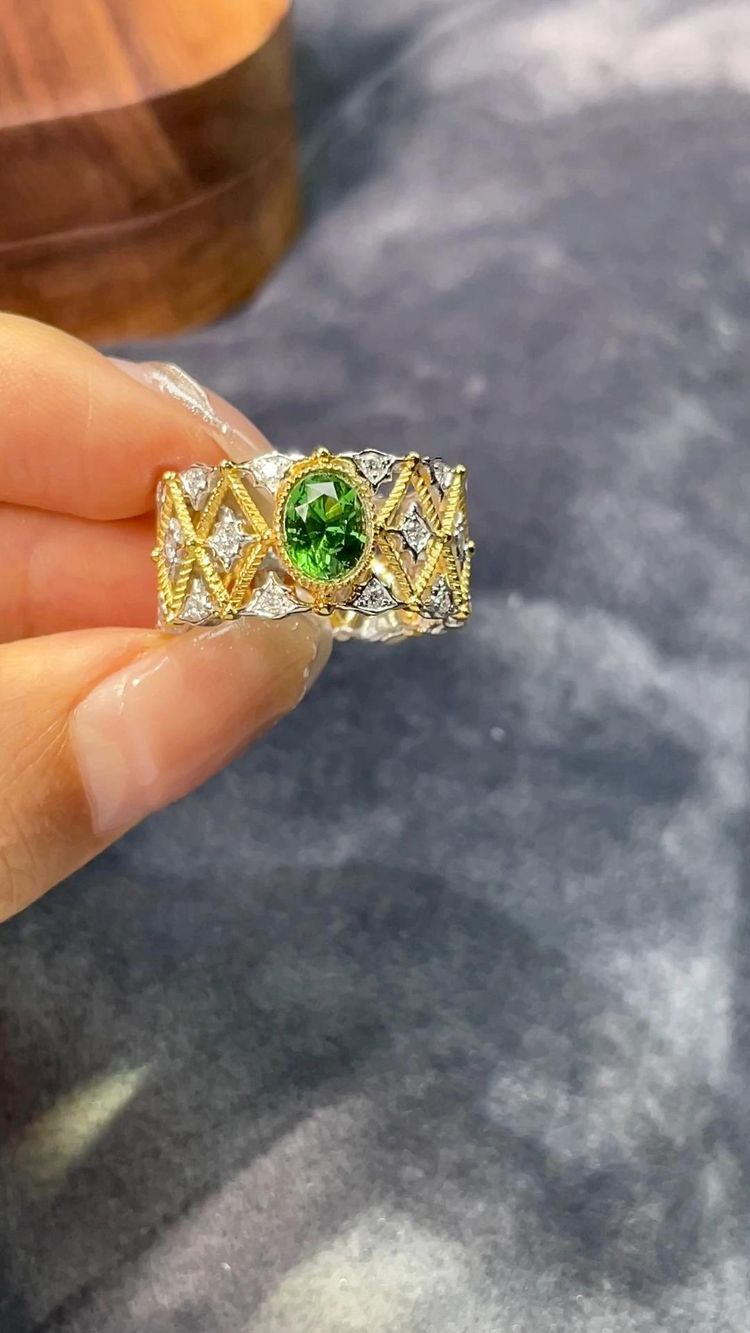 Gold And Silver Ring With Green Gemstone image 1