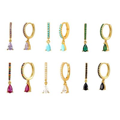 Green Gold-Tone Drop Earrings With Colored Stones