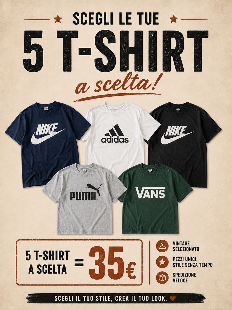 5 pz Nike T-Shirt, Adidas T-Shirt, Puma T-Shirt, Vans T-Shirt