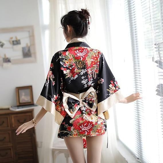 Immagine di Black Floral Satin Kimono Robe 5