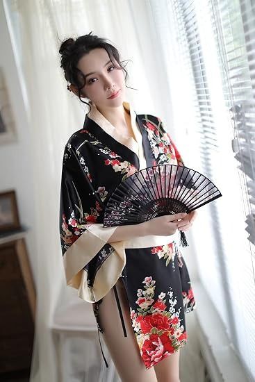Immagine di Black Floral Satin Kimono Robe 3