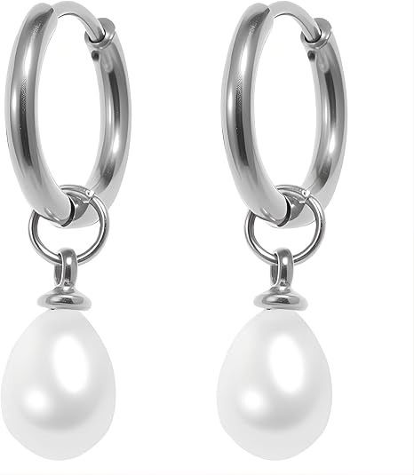Silver Hoop Earrings With White Pearl Drops