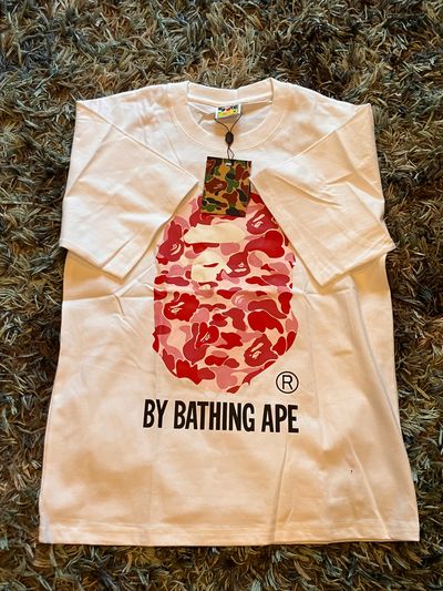 A Bathing Ape White T-Shirt With Red Camo Ape Head Print