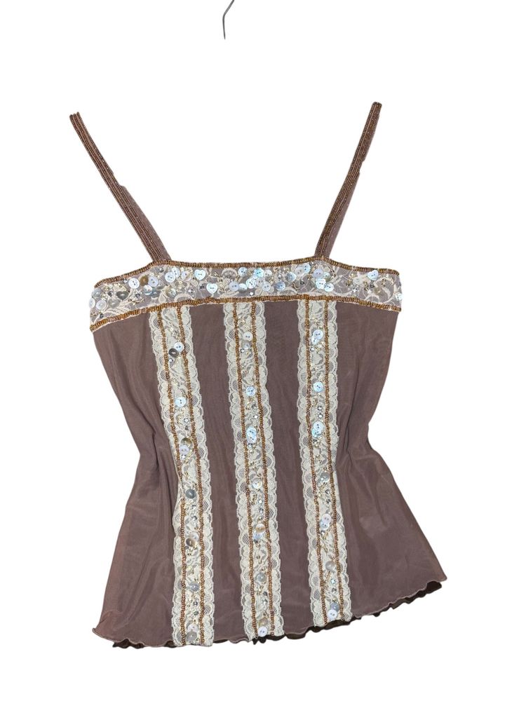 brown sleeveless top with sequin and lace details