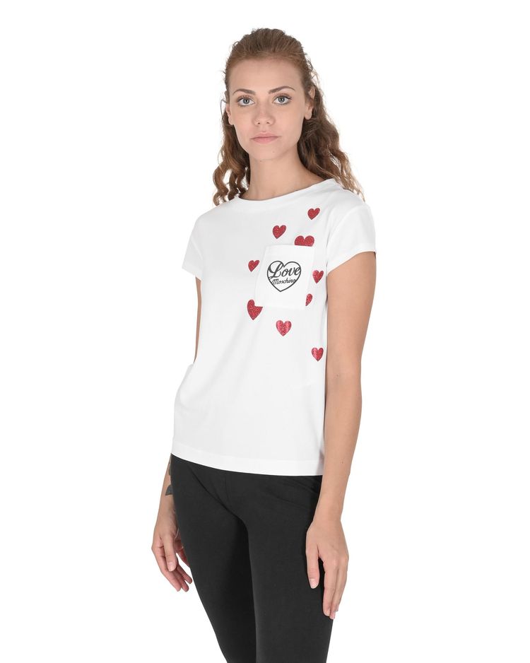 White T-Shirt With Red Hearts And Love Print
