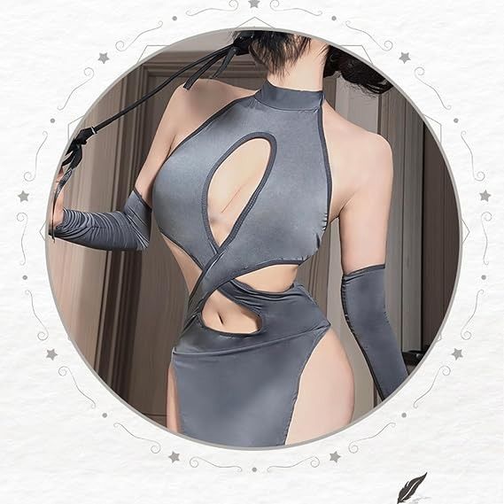 Grey Cut-Out Bodycon Dress With Gloves imagen 4