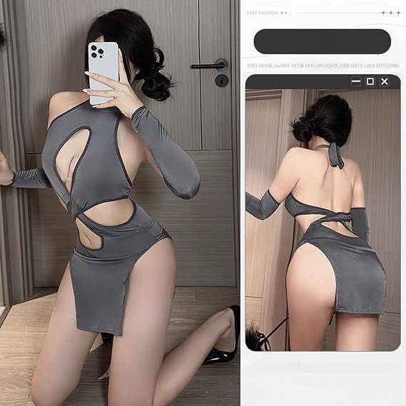 Grey Cut-Out Bodycon Dress With Gloves imagen 3