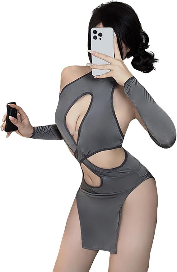 Grey Cut-Out Bodycon Dress With Gloves imagen 5