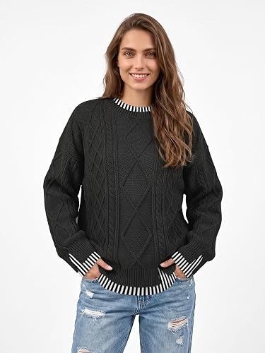 Other Black Cable Knit Sweater With Striped Cuffs And Hem product image