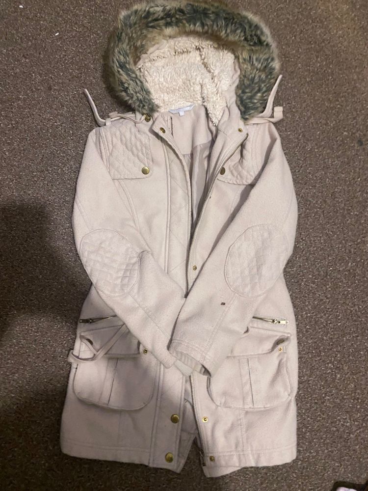 Cream Cream Hooded Winter Coat With Faux Fur Trim product image