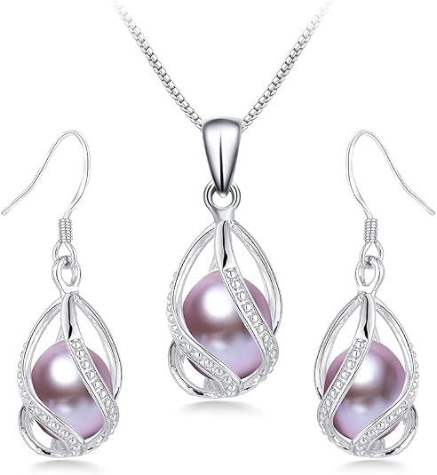 Immagine di Silver-Tone Necklace And Earrings Set With Purple Pearls 1