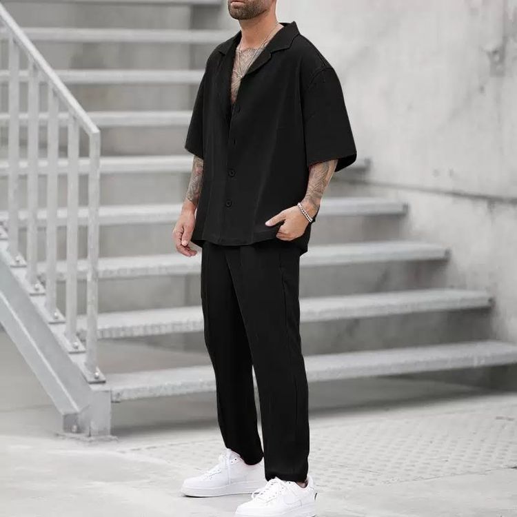 Black Short Sleeve Shirt And Black Pants Set