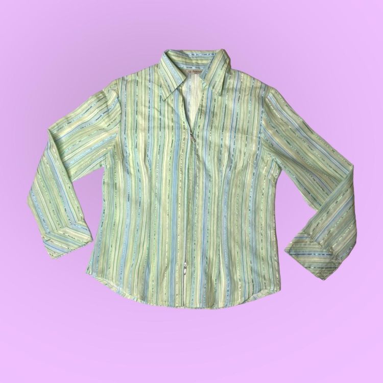 90s 00s dual zip shirt with green and blue stripes  