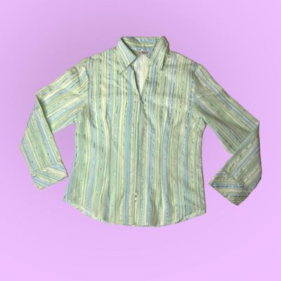 90s 00s dual zip shirt with green and blue stripes
