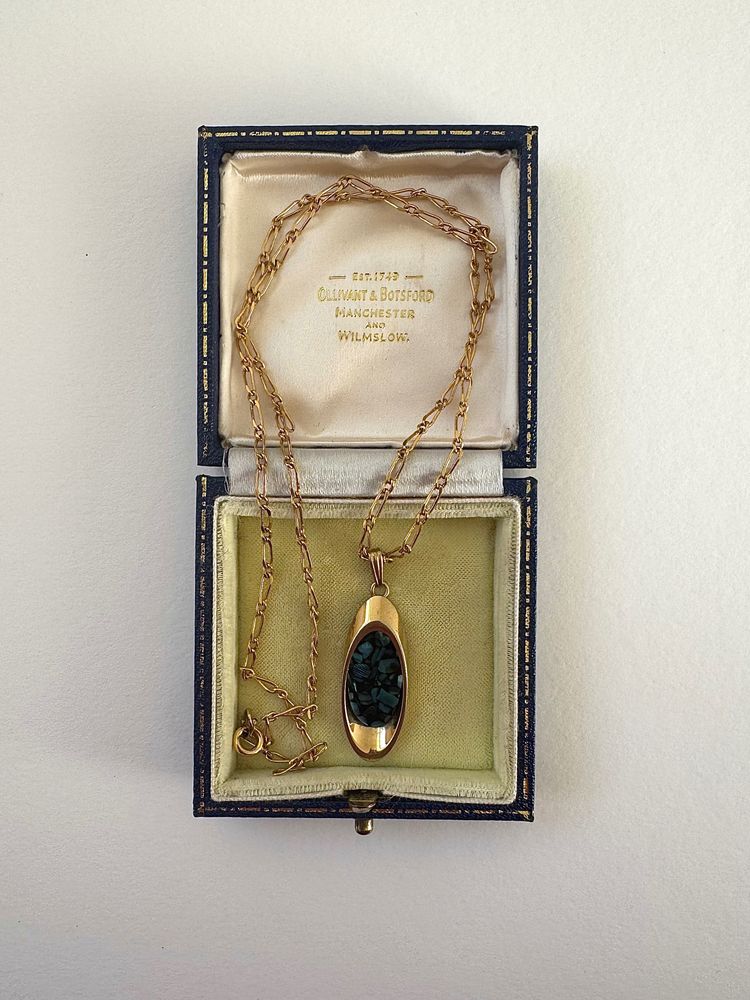Gold Chain Necklace With Green Stone Pendant