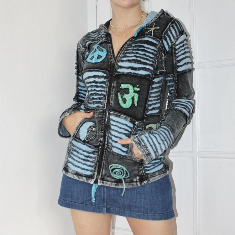 Unique hippie style acid wash blue and grey patchwork zip up hoodie with pockets and a pixie hood image 1