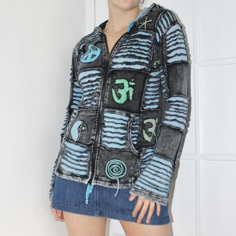 Unique hippie style acid wash blue and grey patchwork zip up hoodie with pockets and a pixie hood image 2