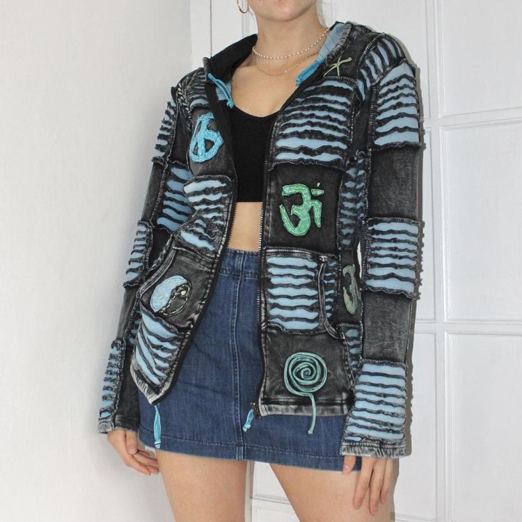 Unique hippie style acid wash blue and grey patchwork zip up hoodie with pockets and a pixie hood image 3