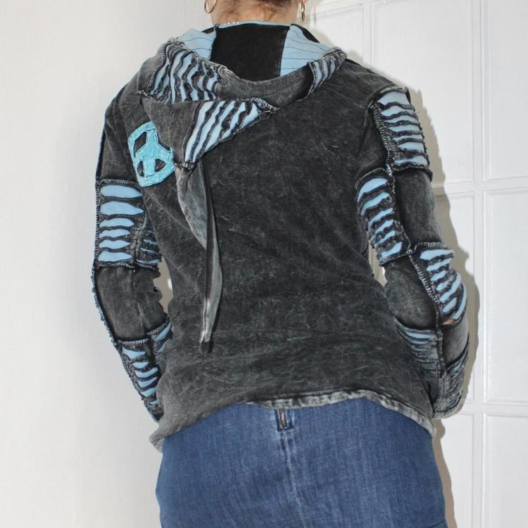 Unique hippie style acid wash blue and grey patchwork zip up hoodie with pockets and a pixie hood image 4