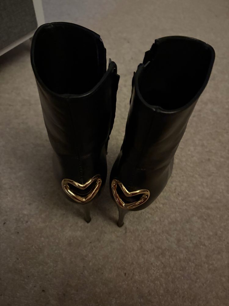 Black pointed toe stiletto ankle boots with gold heart detail 3