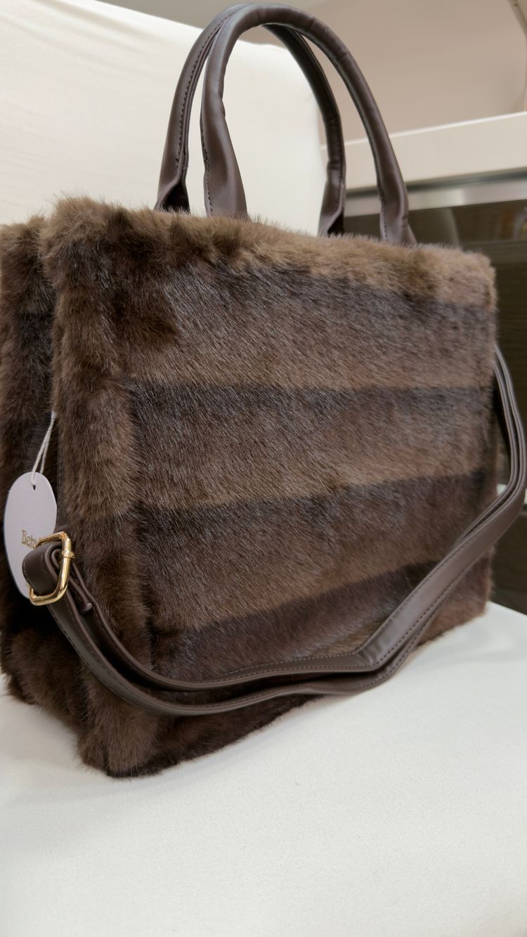 Brown Faux Fur Handbag With Leather Handles And Strap image 2