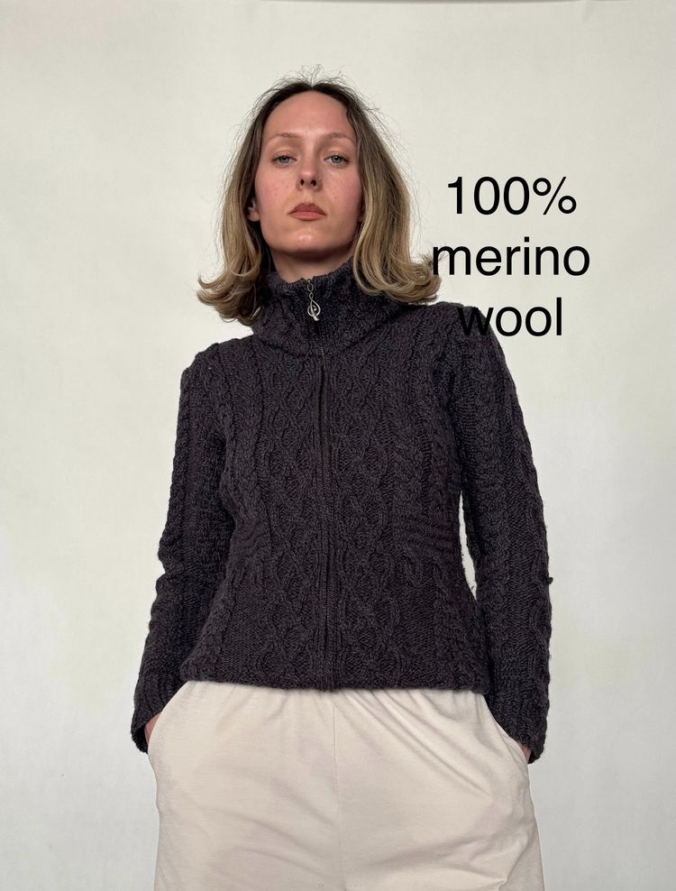 black cable knit merino wool sweater