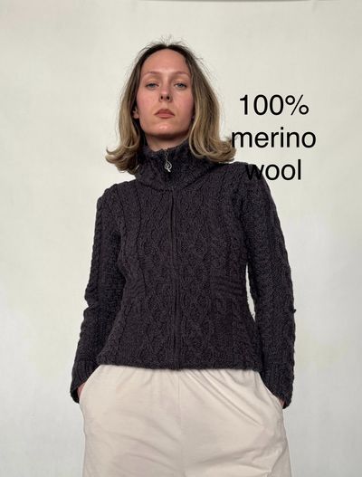 black cable knit merino wool sweater