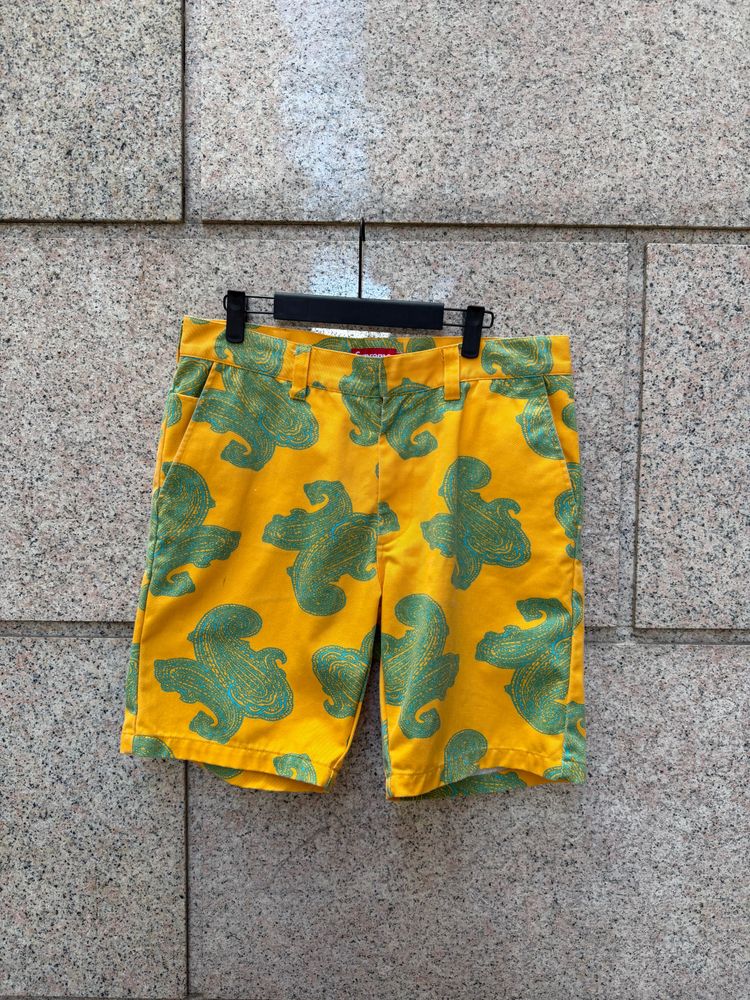 Yellow Shorts With Green Abstract Pattern 32