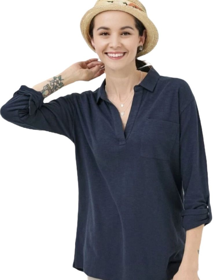 Women's Paige Jersey Long Sleeve Polo Shirt In Navy Plain 2