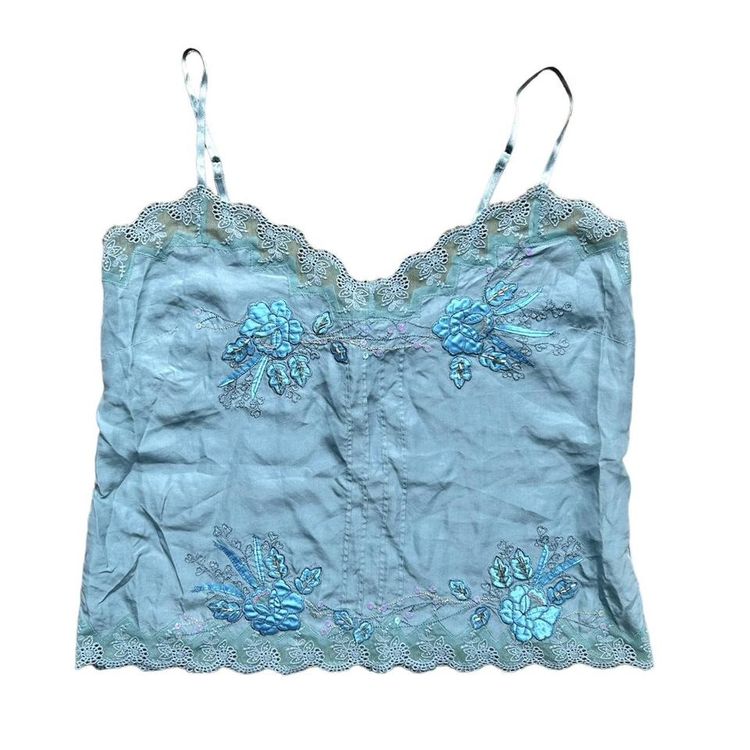 Stunning 100% silk duck egg blue cami top floral appliqué and a delicate lace trim image 1