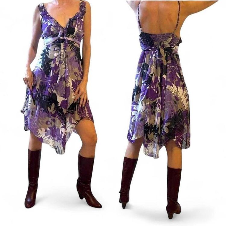 Y2K Purple Floral Sleeveless Asymmetrical Dress size M 1