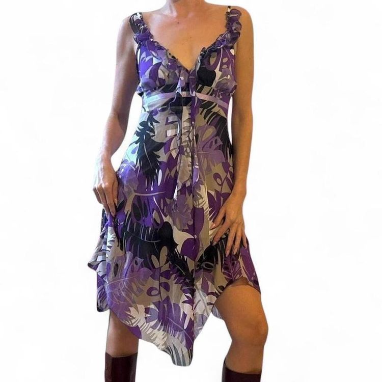 Y2K Purple Floral Sleeveless Asymmetrical Dress size M 2