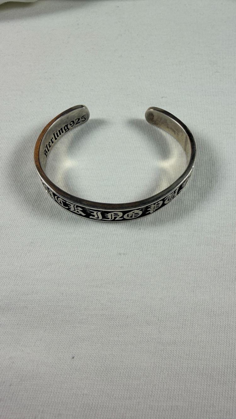 Gothic Script Etched Wide Open Cuff Bangle