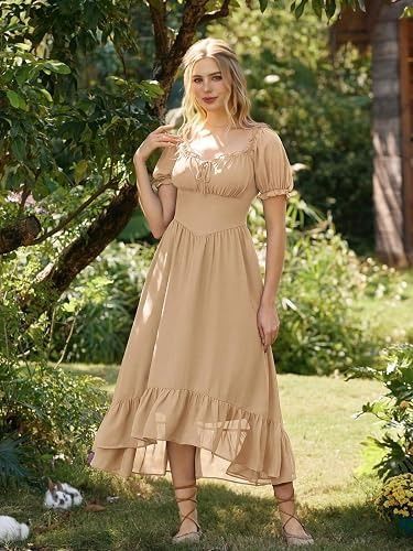 Beige Puff Sleeve Midi Dress