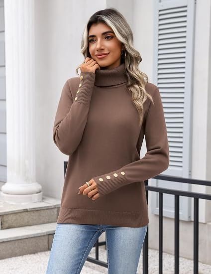 Brown Turtleneck Sweater With Gold Buttons image 3