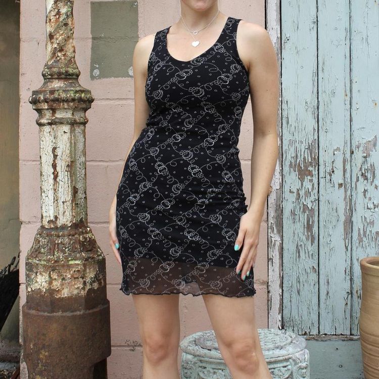 Other Vintage black and cream chain print mini dress with a mesh overlay and lettuce edge product image