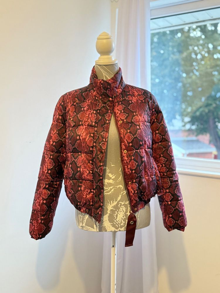 Red Snake Print Puffer Jacket
