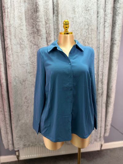 Nina Leonard Blue Pleated Back Blouse