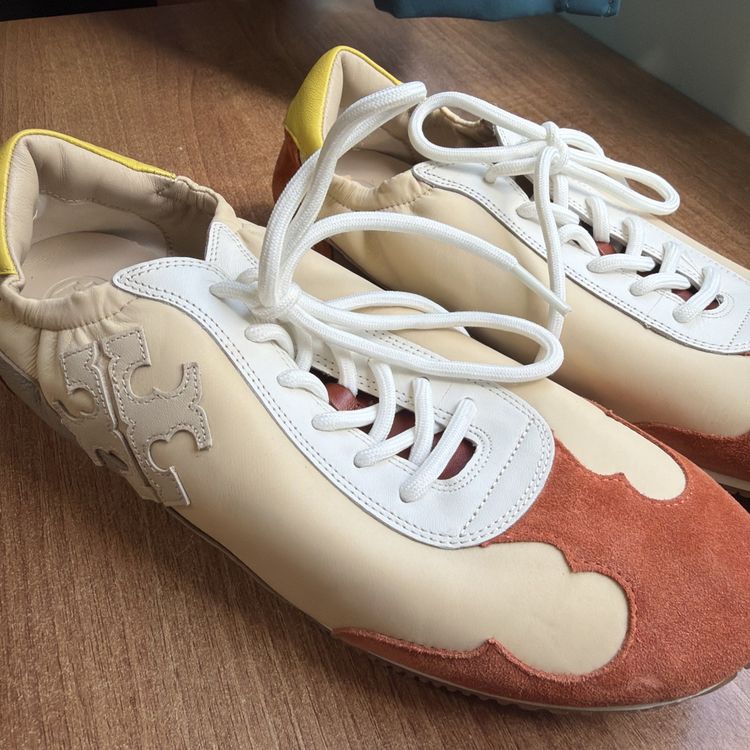 Tory Burch Colour Block Rust Yellow Suede Leather Sneakers Trainers Uk 7 70s image 1