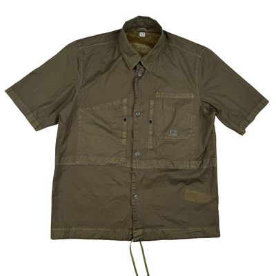 CP Company Khaki Brown Spellout Nylon Short Sleeve Button Shirt - Medium 1