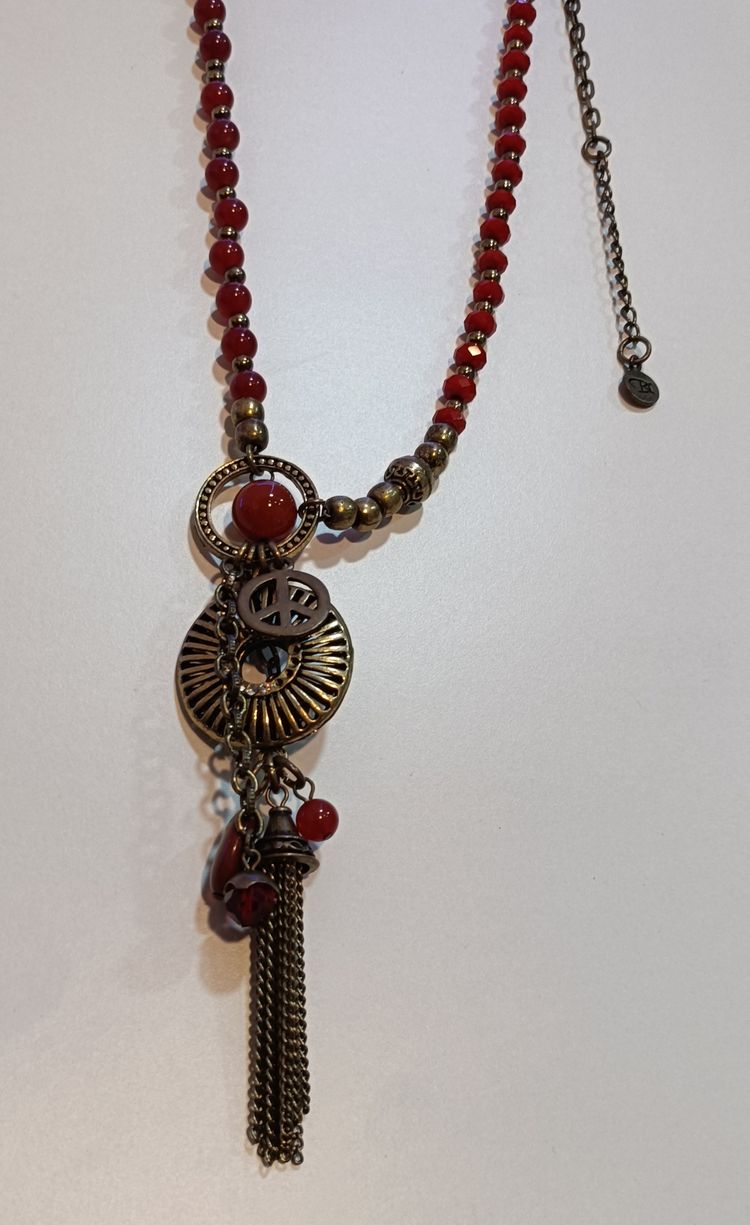 Antique Brass Red Bead and Charm Y-Necklace image 5