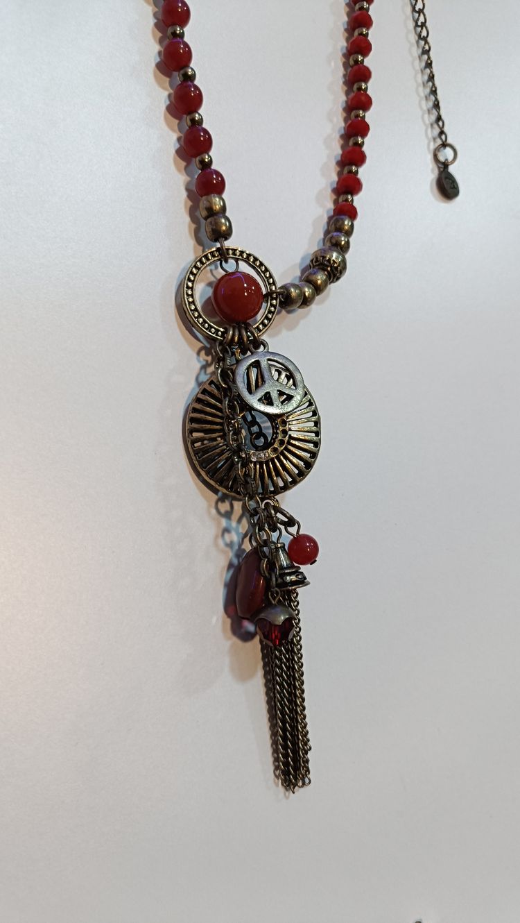 Antique Brass Red Bead and Charm Y-Necklace