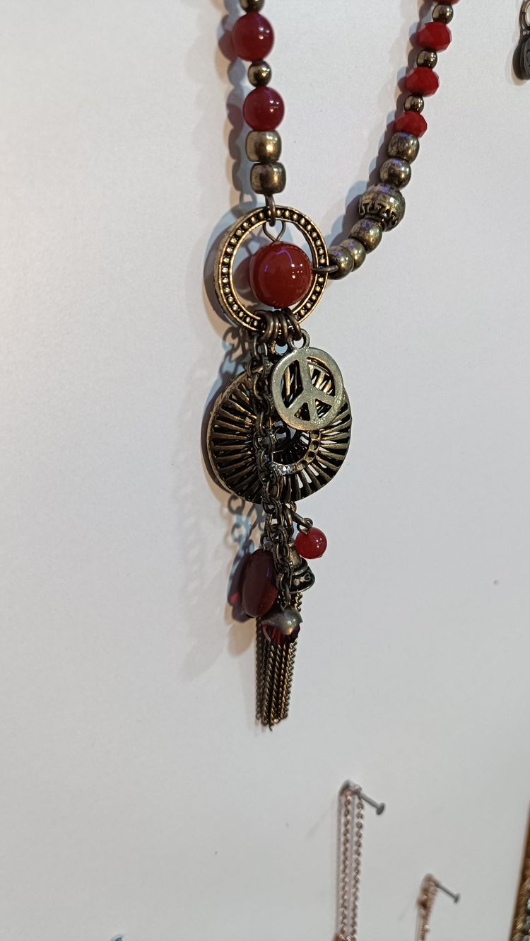 Antique Brass Red Bead and Charm Y-Necklace image 2