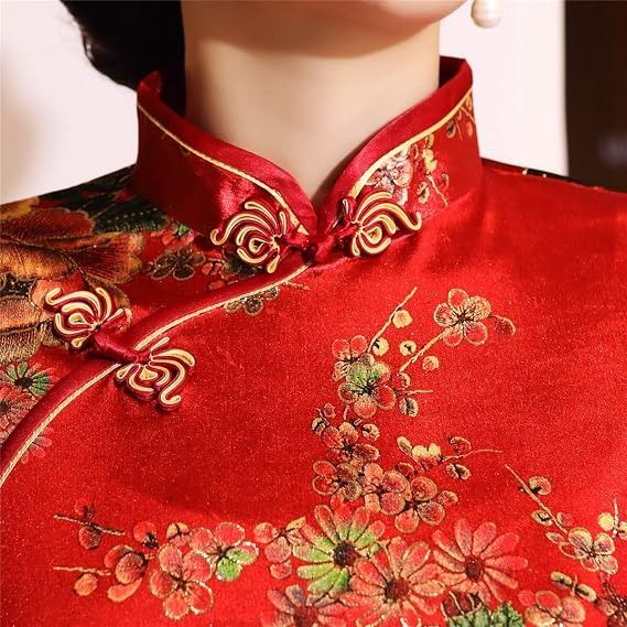 Red Floral Traditional Chinese Top With Black Skirt obraz 5
