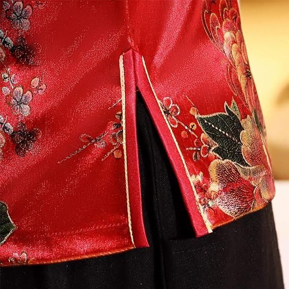 Red Floral Traditional Chinese Top With Black Skirt obraz 4