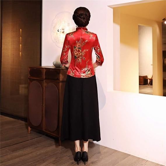 Red Floral Traditional Chinese Top With Black Skirt obraz 2