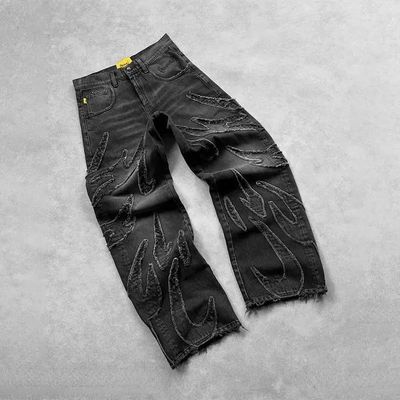 Black Distressed Jeans With Flame Pattern